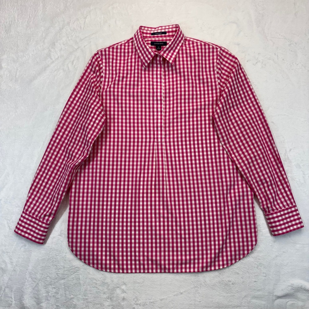 Lands End Pink Gingham No Iron Supima Cotton Tunic Shirt Womens 12 Long Sleeve